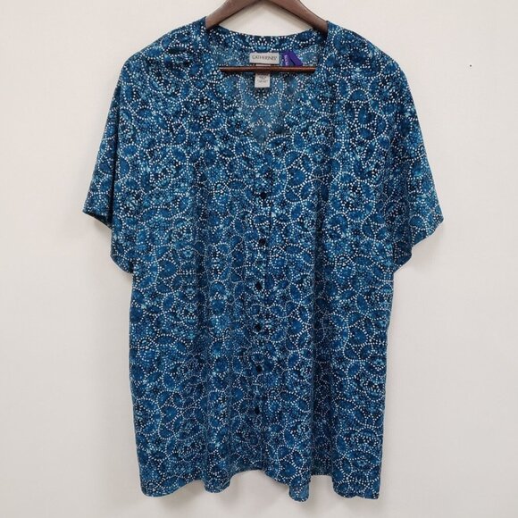 Catherines Womens Geometric Button Up Top Size 2XW Petite Blue Artsy Vacation - Picture 1 of 8